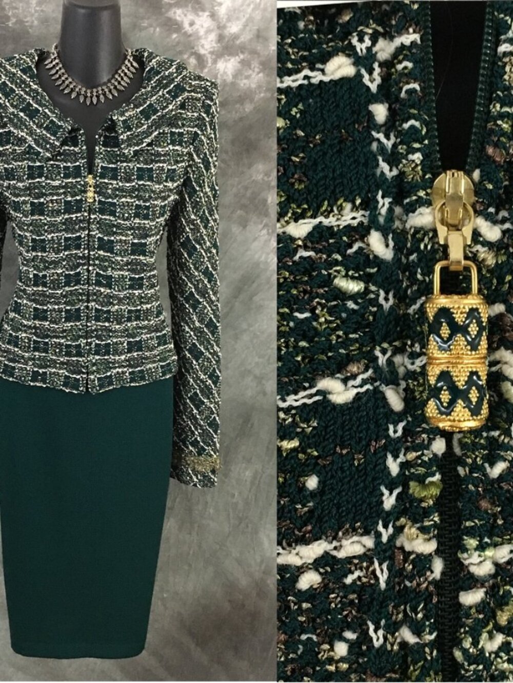 BEAUTIFUL St John collection knit green multi jacket skirt suit size 6 8